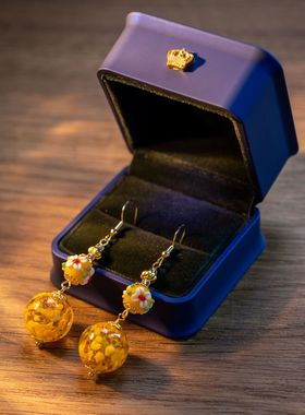 中古饰品vintage西洋法式欧美琉璃金箔黄色小清新项链耳环套装