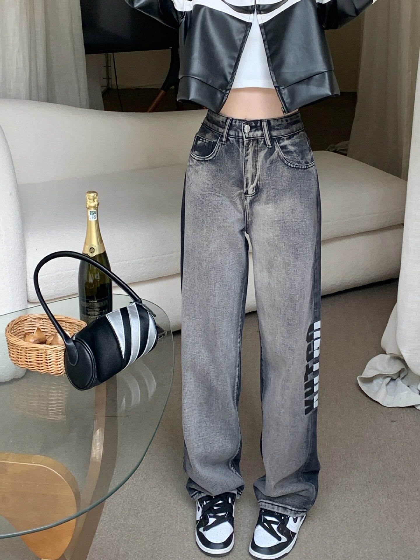 Color Block Gradient Womens Jeans High Waist Loose Fit Wide Leg Vintage Style Spring and Autumn Fashion