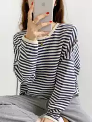 Korean Style Pullover Sweatshirt Women's Jacket Spring & Fall Thin Casual New Stripesd Round Neck Loose Long-Sleeved Plus Size Women's Clothing