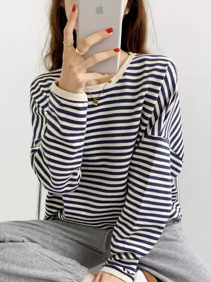 Korean Style Pullover Sweatshirt Women's Jacket Spring & Fall Thin Casual New Stripesd Round Neck Loose Long-Sleeved Plus Size Women's Clothing