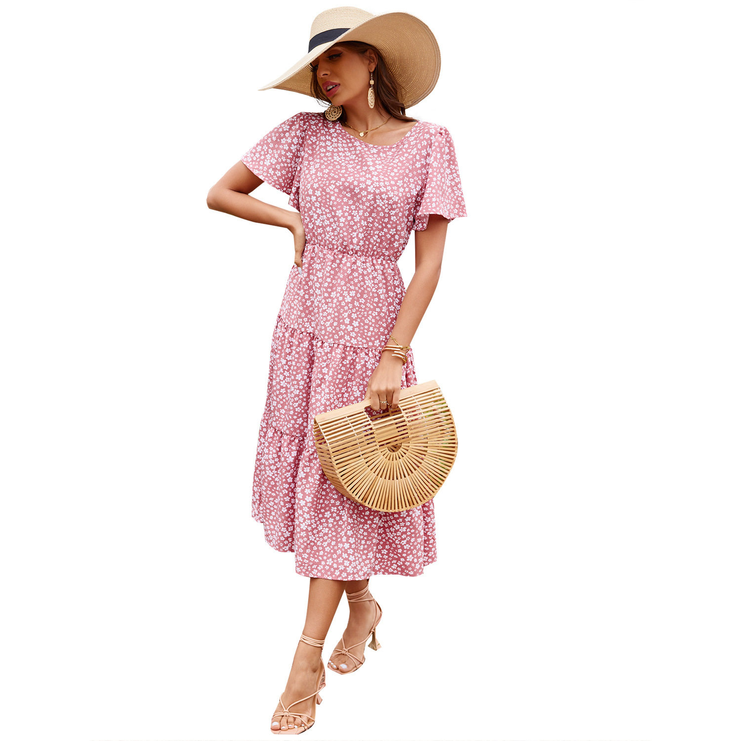 Floral Print Short Sleeve Dress Elegant Vacation Style Perfect for Summer Occasions Available for Wholesale