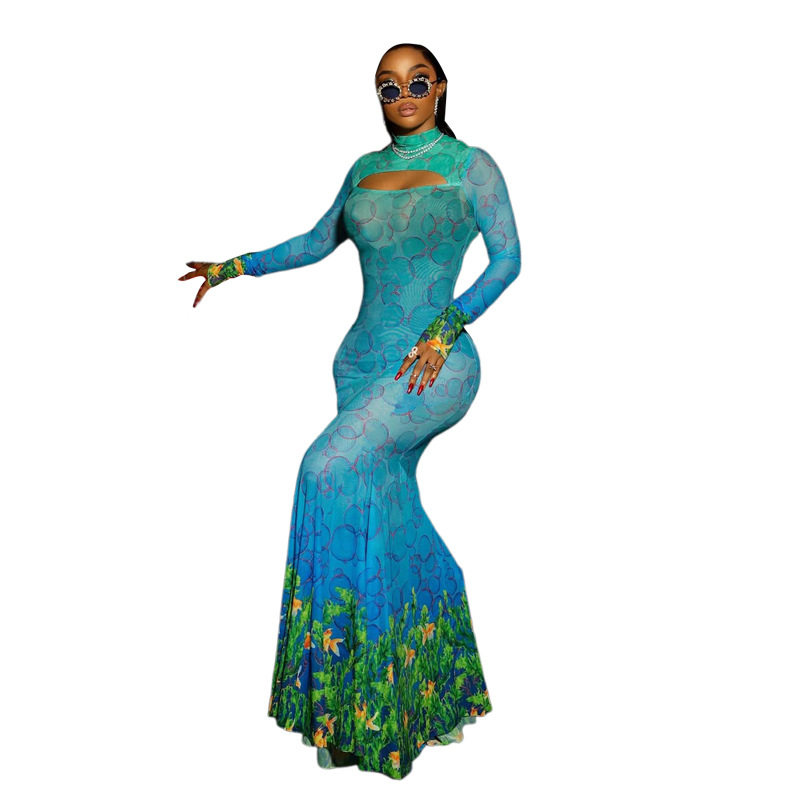 Fashionable Womens Hollow Out Mermaid Dress Unique Print Sexy Silhouette Autumn Style Wholesale Available