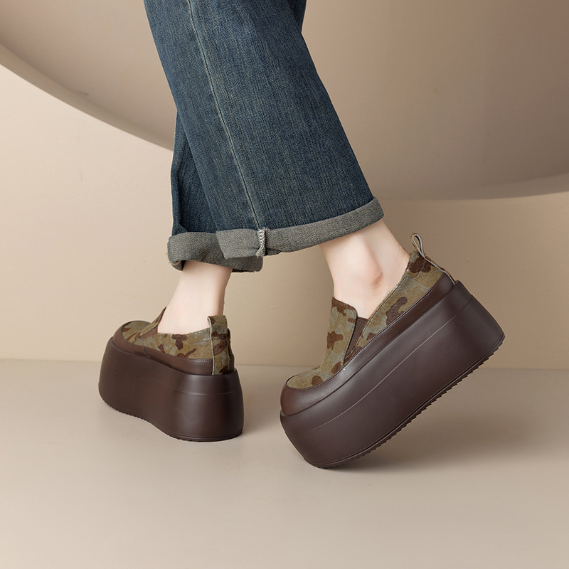 Giày lười nữ mũi tròn đế bánh mì 8cm da thật họa tiết da báo — màu đen, Xanh quân đội