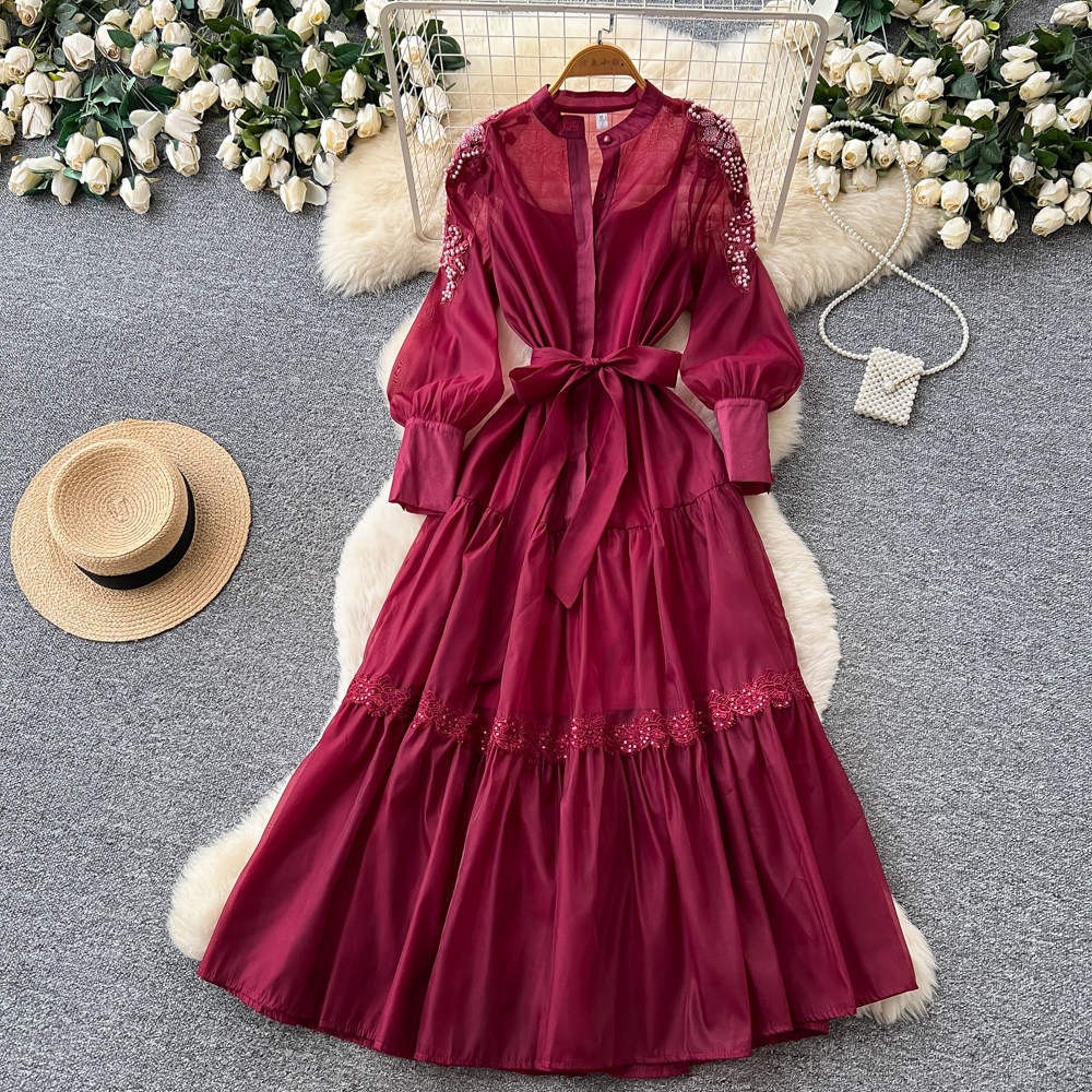 French Style Lantern Sleeve Embroidered Dress Beaded Waist Tie A Line Silhouette Elegant for Spring Wholesale