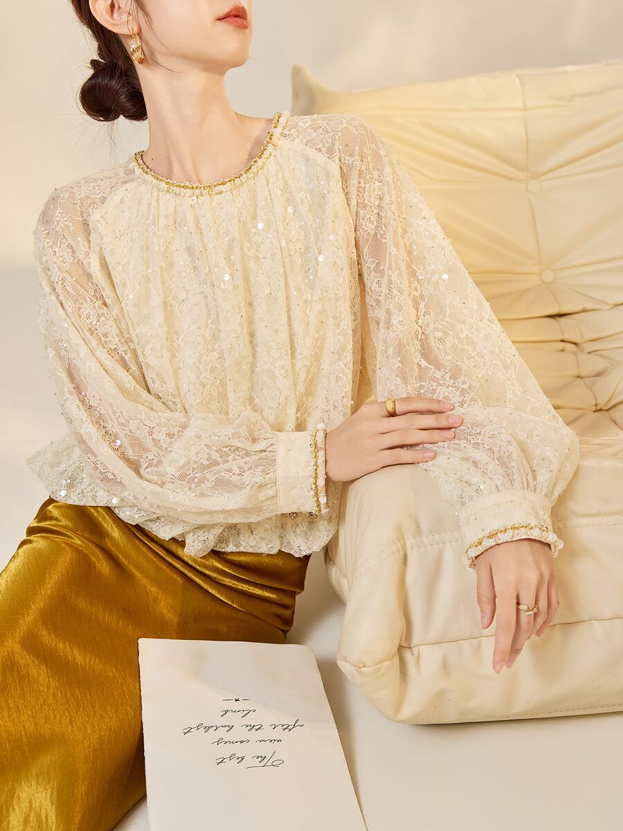 Áo sơ mi nữ cổ tròn dài tay đính đá thêu nổi phong cách cổ điển — Mễ Hạnh (giao hàng 7 ngày)