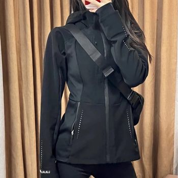 Lulu Original Label Soft Shell Jacket with Steel Print Cross Sports Jacket Hooded Women's Fitness Fleece-Lined Warm and Windproof