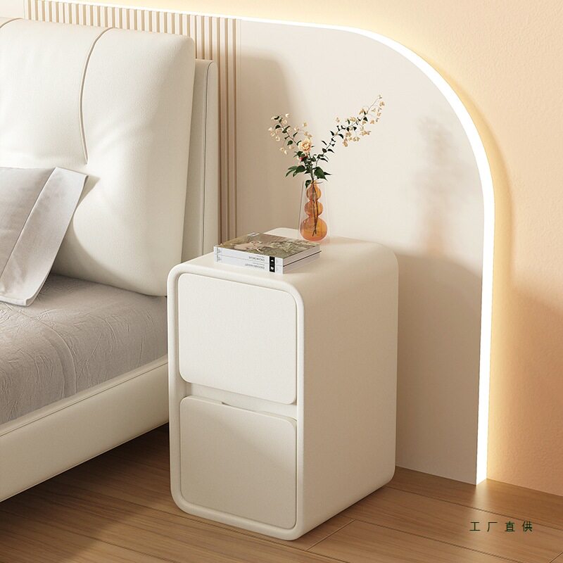 Cream Style Bedside Table Simple Modern Solid Wood Leather Bedside Table Small Ultra-Narrow 20cm Normcore Mini Storage Cabinet