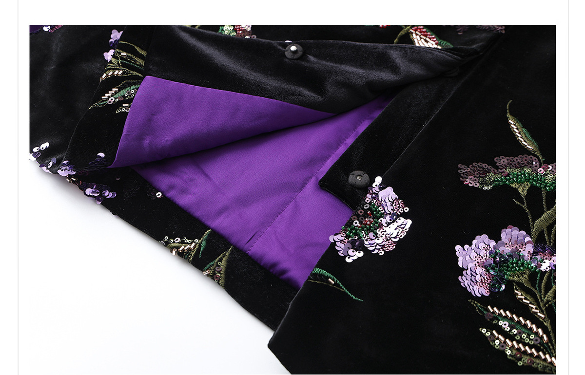 Áo khoác dạ thêu họa tiết hoa rực rỡ dáng cổ chữ V — Màu đen [phiên bản cotton], Áo khoác tay lông đà điểu [phiên bản cotton]