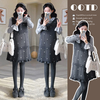 Real Shot of 2025 Autumn and Winter Embroidered Woolen Vest Dress + Ruffled Sweater Top Two-Piece Suit