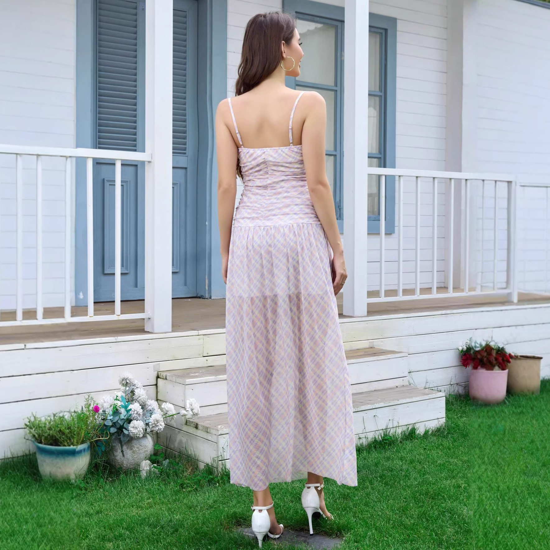 Summer A Line Plaid Maxi Dress Sexy Backless Design Slim Fit Comfortable Fabric Perfect for Parties and Casual