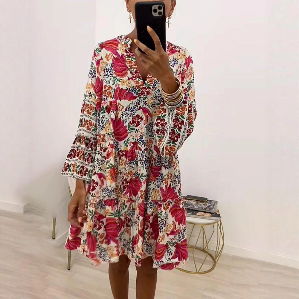 Casual Floral Print V Neck Long Sleeve Maxi Dress for Women Loose Fit Summer Style Available for Wholesale