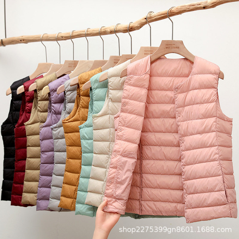 2024 New 90 Liner Lightweight down Jacket Women's Short Collarless Autumn and Winter New Thin Large Size Round Neck Warm Outside