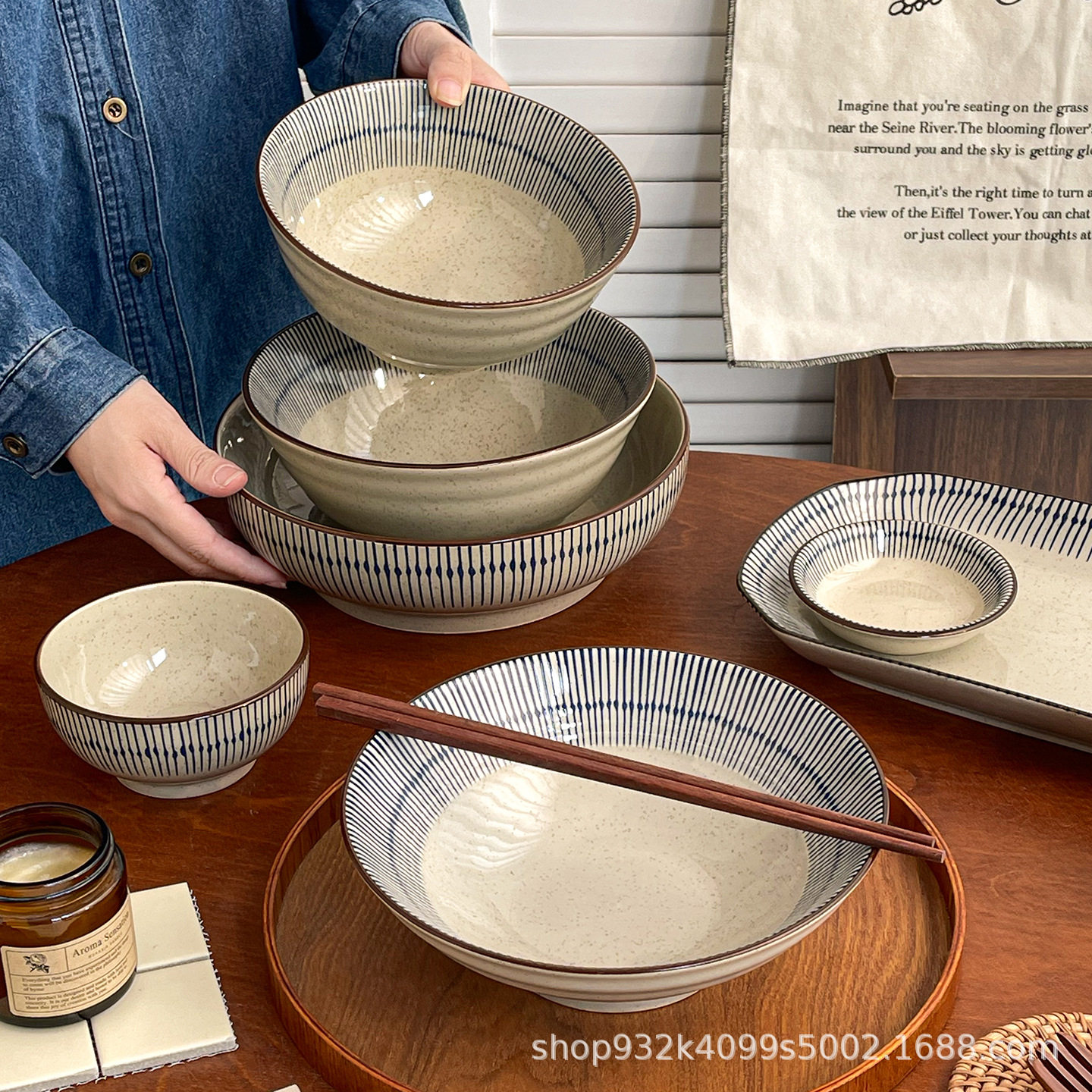 Japanese Ceramic Tableware Set Bowls and Plates Underglaze Color Household Rice Bowls High-End Dish Plates Noodle Bowls Salad Bowls Soup Bowls