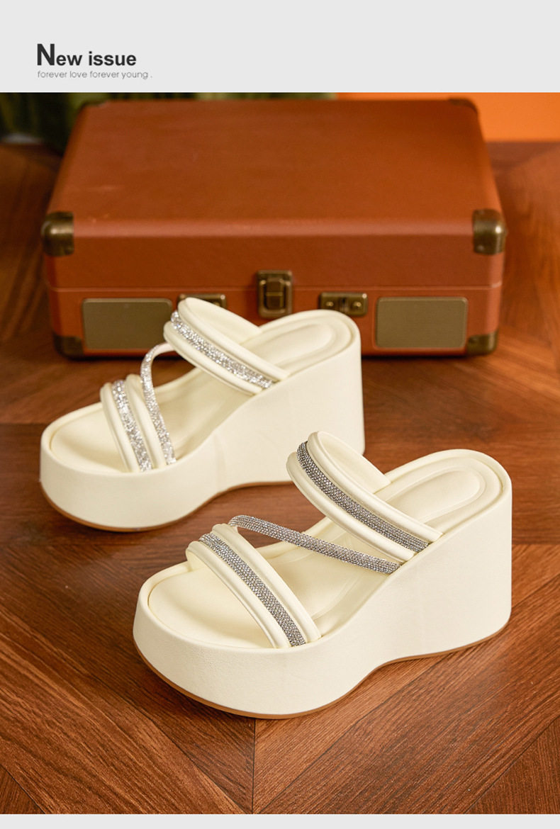 Dép sandal nữ đế dày platform gót 10 cm mũi tròn phong cách đơn giản — Đen, Len nguyên chất chi tiết 12