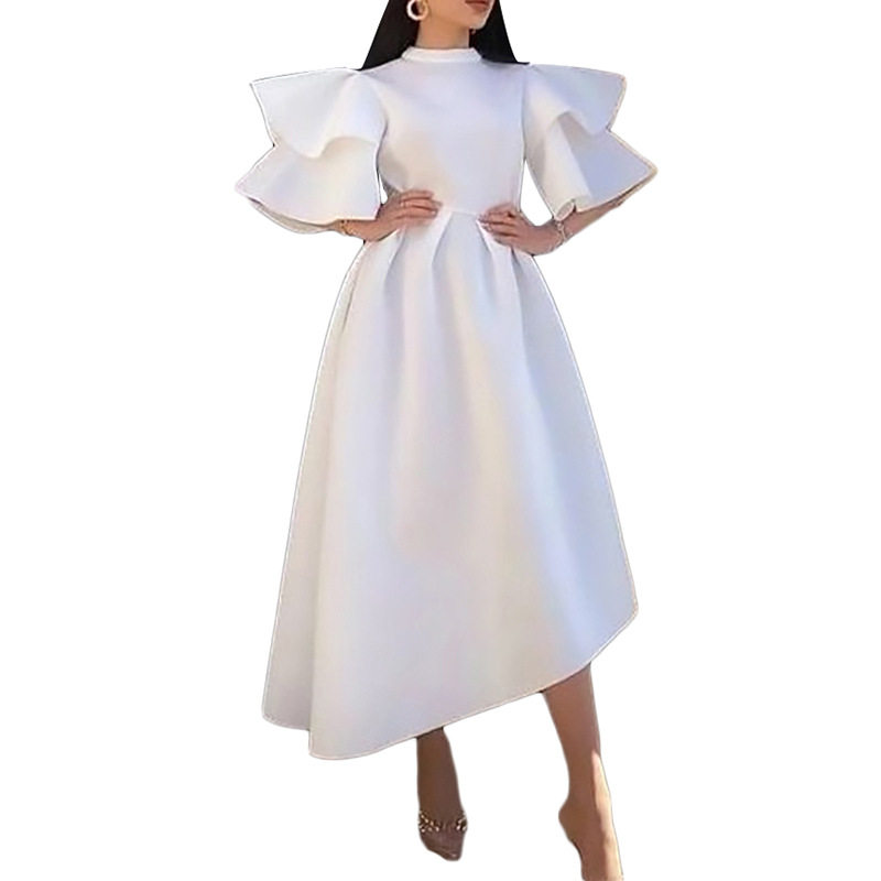 Layered Ruffle Sleeve Dress Solid Color Asymmetrical Hem Elegant Design Summer Occasion Wholesale Available