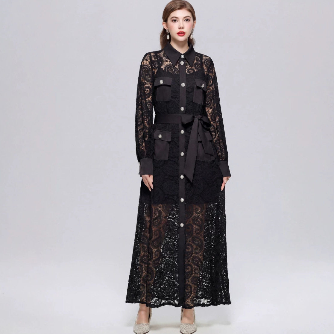 French Romantic Style Lace Dress Stand Collar Lantern Sleeves Slim Fit A Line Silhouette Elegant Summer Occasion