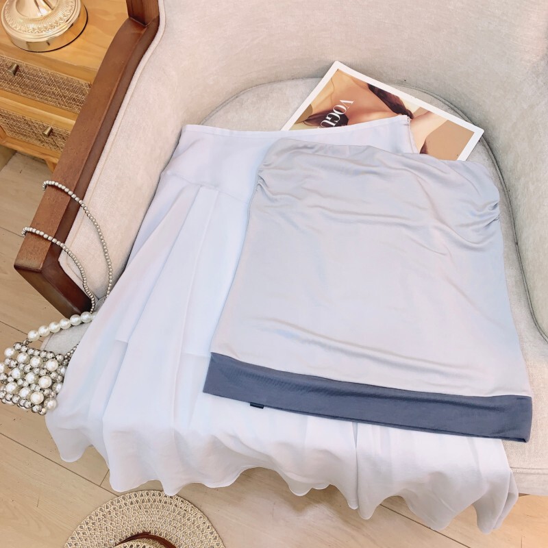 Set áo quây phối màu kèm chân váy bất đối xứng phong cách thanh lịch — Áo, Chân váy