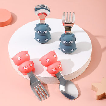 Stainless steel fork spoon baby silicone spoon baby training fork spoon cutlery set food supplement fork spoon wholesale