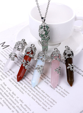 天然六角柱紫水晶粉晶虎眼石项链复古银色玫瑰花梅花吊坠