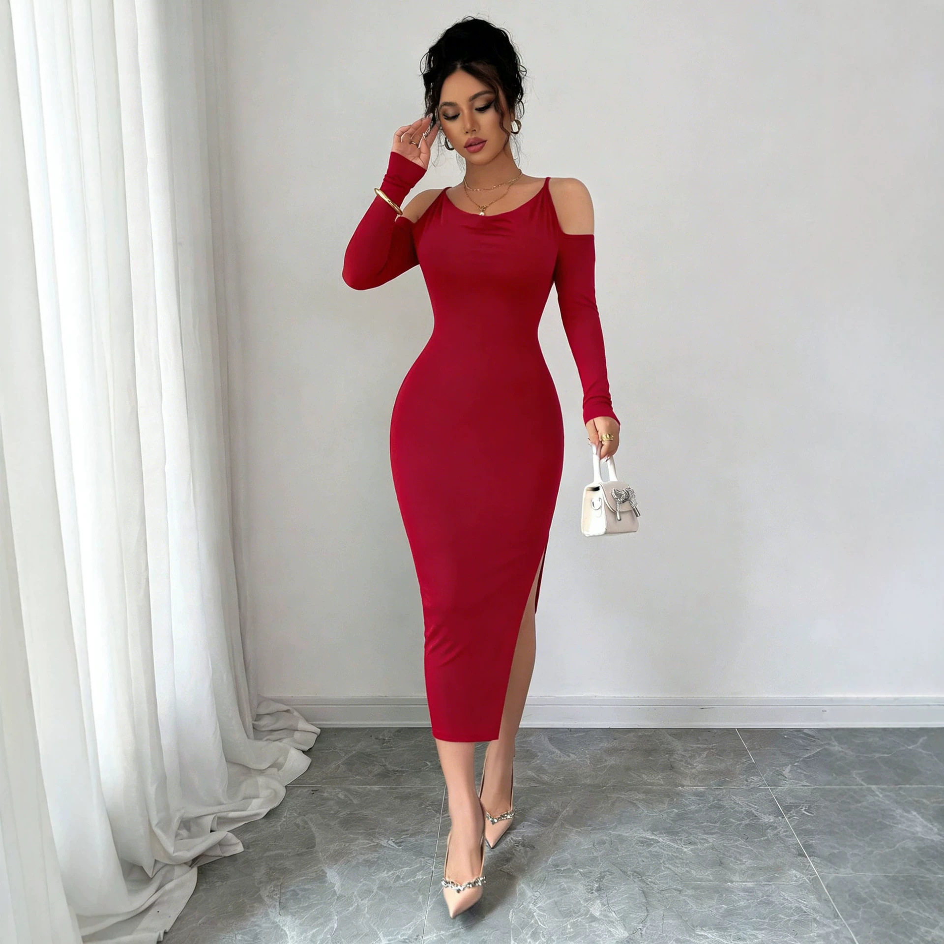Off Shoulder Bodycon Dress Slim Fit Long Sleeve High Split Elegant Style Perfect for Parties and Formal Events