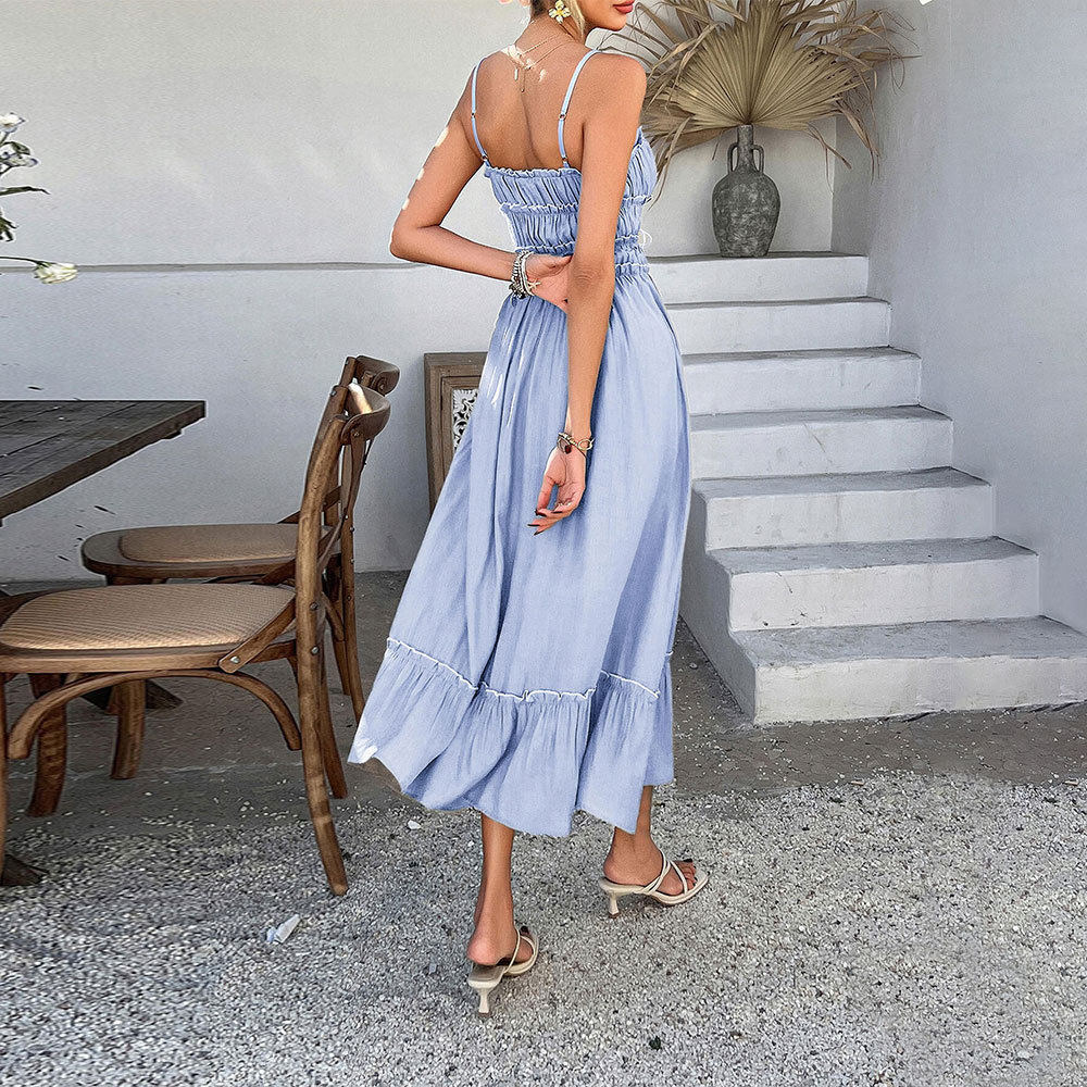 Light Blue A Line Midi Dress for Women Adjustable Straps Flowy Skirt French Style Perfect for Casual or Formal