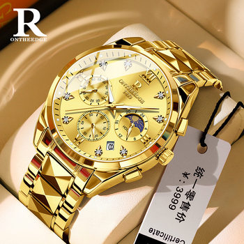 Rui Zhi Yuan Tiktok Popular Waterproof Gold Watch, Gold Quartz Watch, Fashionable Large Dial Cross-Border Watch for Men