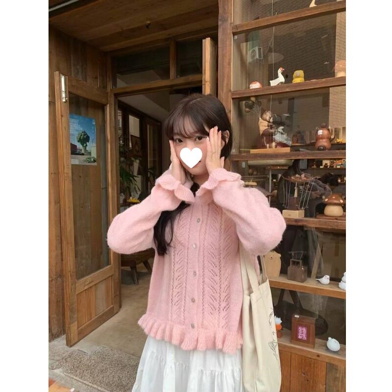 马海毛荷叶边镂空开衫2026新款春季好看毛衣温柔风针织外套