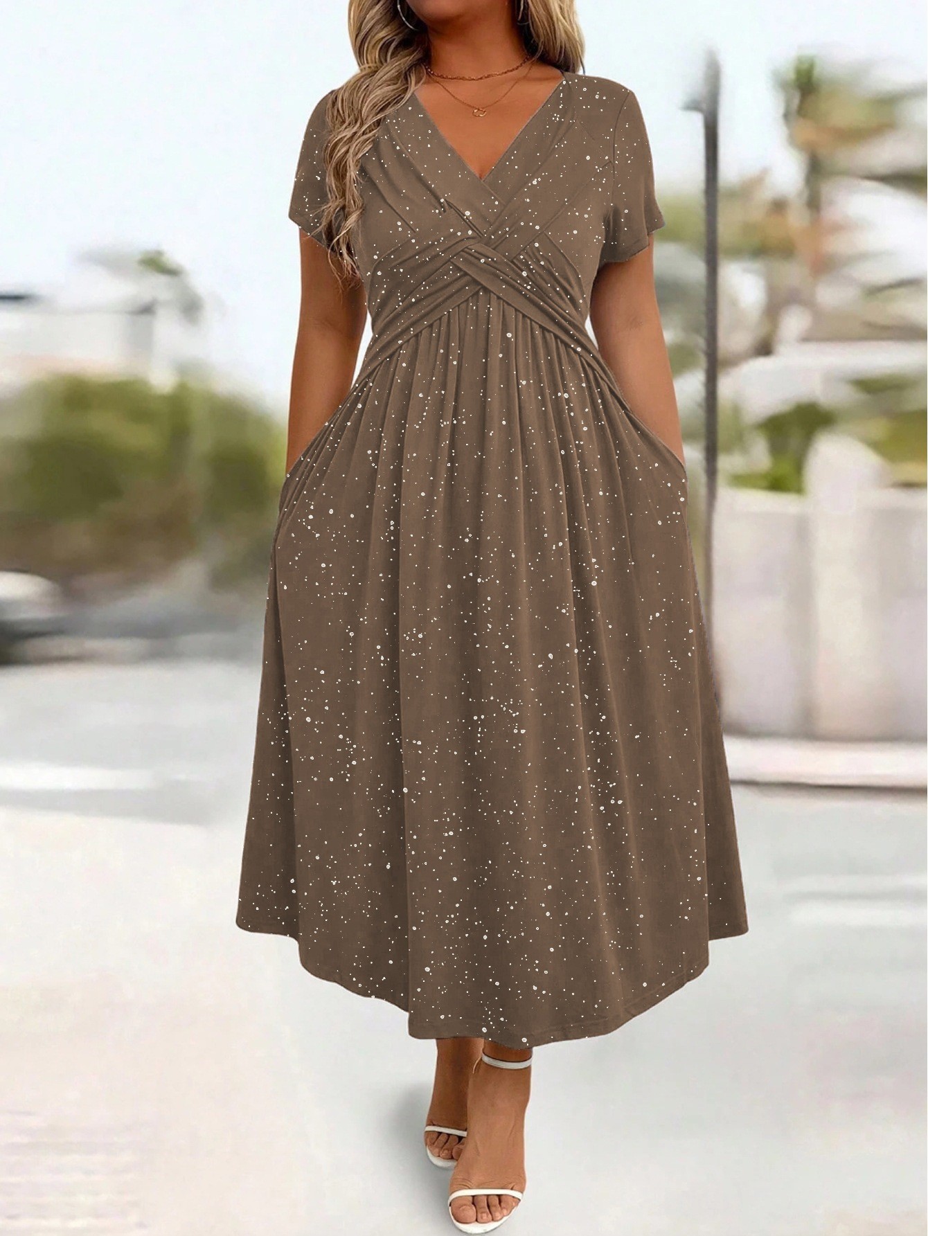V Neck Short Sleeve Bodycon Dress Shimmering Fabric Waist Defining Fit Summer Style Wholesale Available
