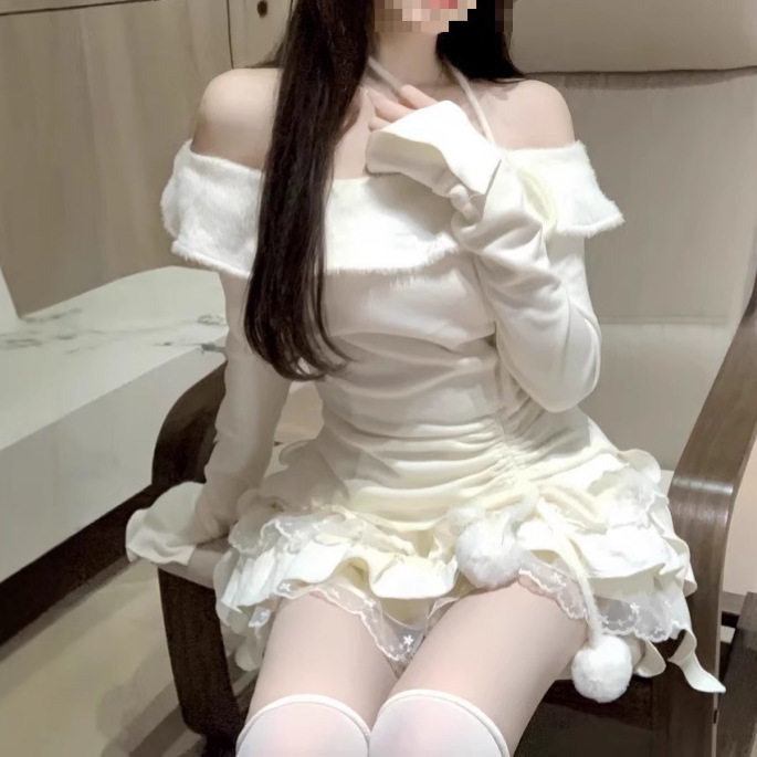 Love Comprehensive White Moonlight suit Autumn and Winter Slim-fit Slimming Pure Desire Wind off-shoulder Top Half-length Short Skirt Two-piece Set for Women