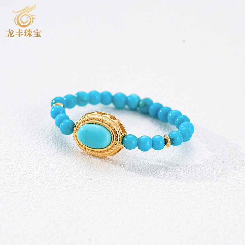 Longfeng натуральная бирюза Hubei Shiyan Turquoise S925 посеребренная 18-каратным золотом круглая бусина diy ring женское кольцо