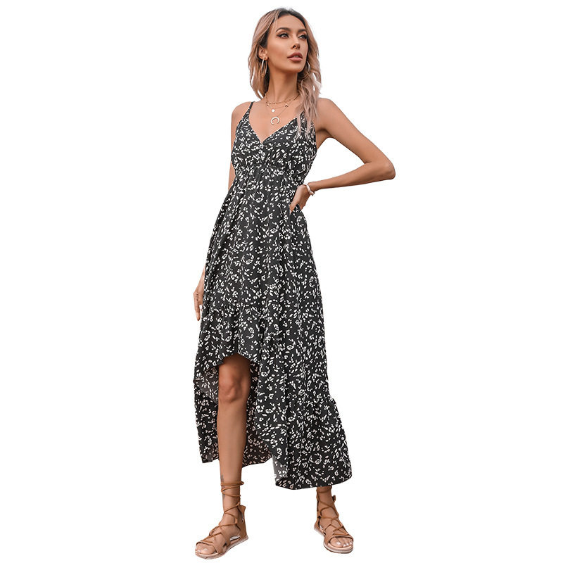 Summer Womens Irregular Hem Dress Sexy Floral Print V Neck Spaghetti Straps Casual Party Wear Wholesale Available