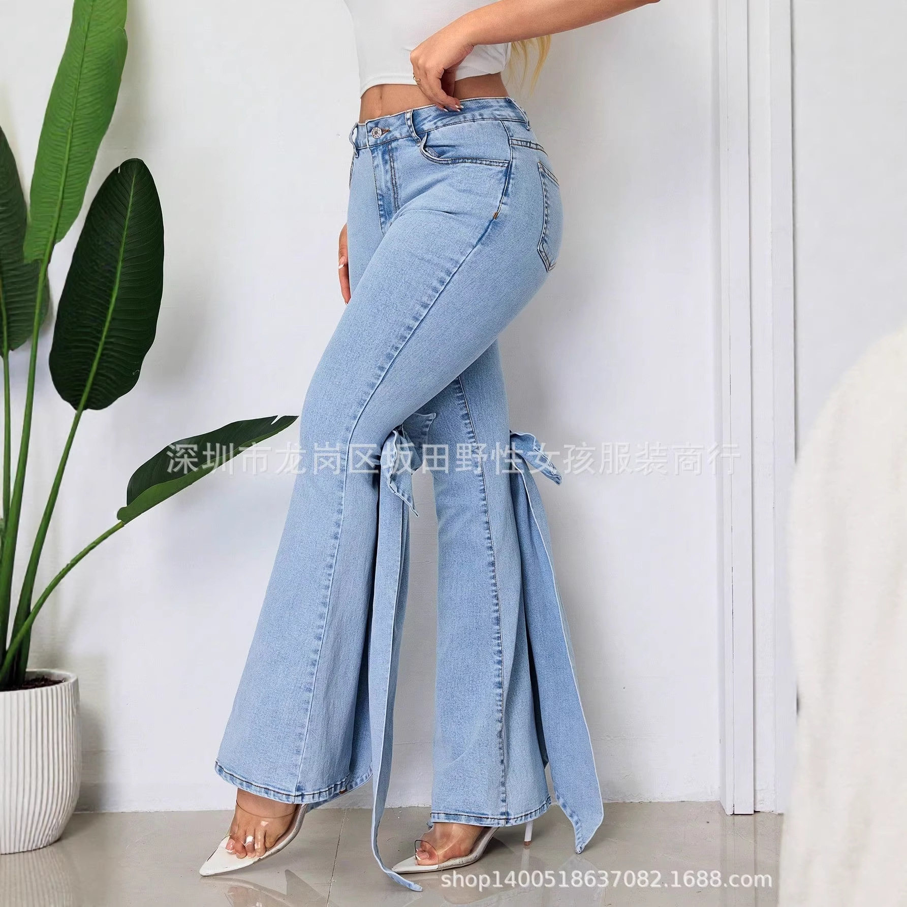 High Waisted Flared Jeans Vintage Style 3D Bow Detail Slim Fit Stretch Fabric Casual Wear Wholesale Available