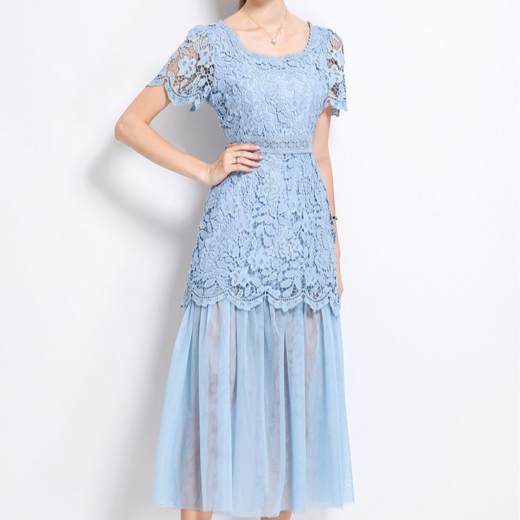 Elegant Summer Lace Square Neck Dress for Women High Quality Fabric Flowy Design Mesh Panel Perfect for Formal
