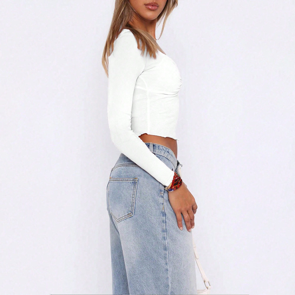 Slim Fit Long Sleeve Crop Top Solid Color Sexy Design Spring Summer Style Wholesale Available