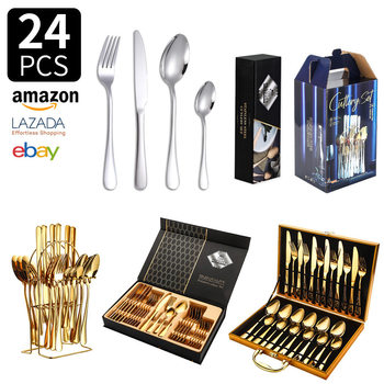 Cross-Border Source Amazon 1010 Stainless Steel Cutlery Set Western-Style Knife, Fork, Spoon 24-Piece Gift Box Spoon Hotel