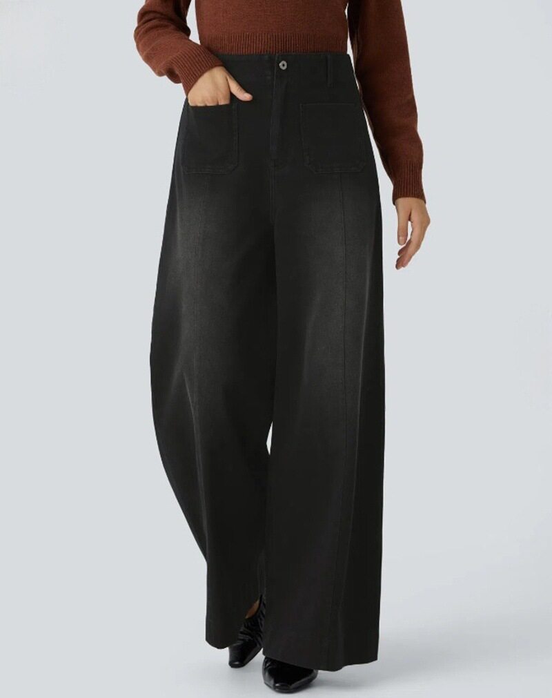 High Waisted Pocketed Patchwork Button Zipper Wide Leg Jeans Womens Fashion Fall Winter Collection Wholesale Available