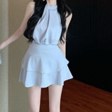 Высококачественный темпераментный жилет без бретелек с бретельками на шее из двух частей, женский летний костюм с юбкой с оборками и высокой талией