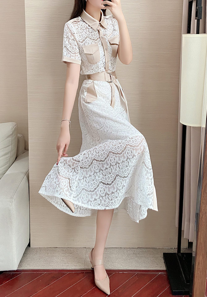 Set Áo Ren Tay Ngắn và Chân Váy Midi Phong Cách Hepburn Thanh Lịch Màu Trắng, Kem chi tiết 9