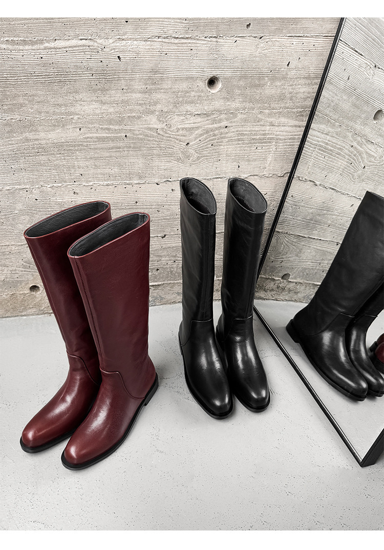 Boot nữ cổ cao da bò thật đế bằng dáng ôm chân — màu đen, màu nâu đỏ