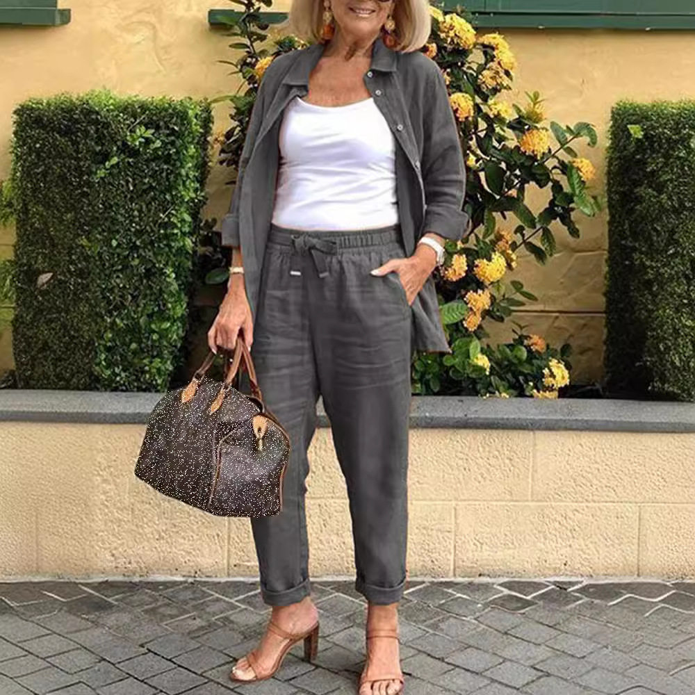 A Large Number of Spot Amazon Cross-Border 2025 Autum New Export Women's Pure Color Casual Suit Long-Sleeved Pants Two