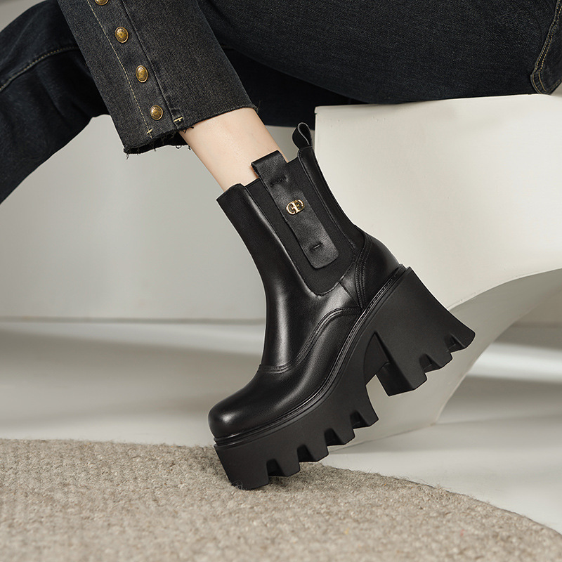 Boot Chelsea nữ gót thô đế dày tăng chiều cao — đen, Màu trắng nhạt