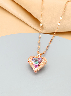 炫彩海洋之心吊坠钛钢项链女韩版轻奢闺蜜女友锁骨链饰品厂家