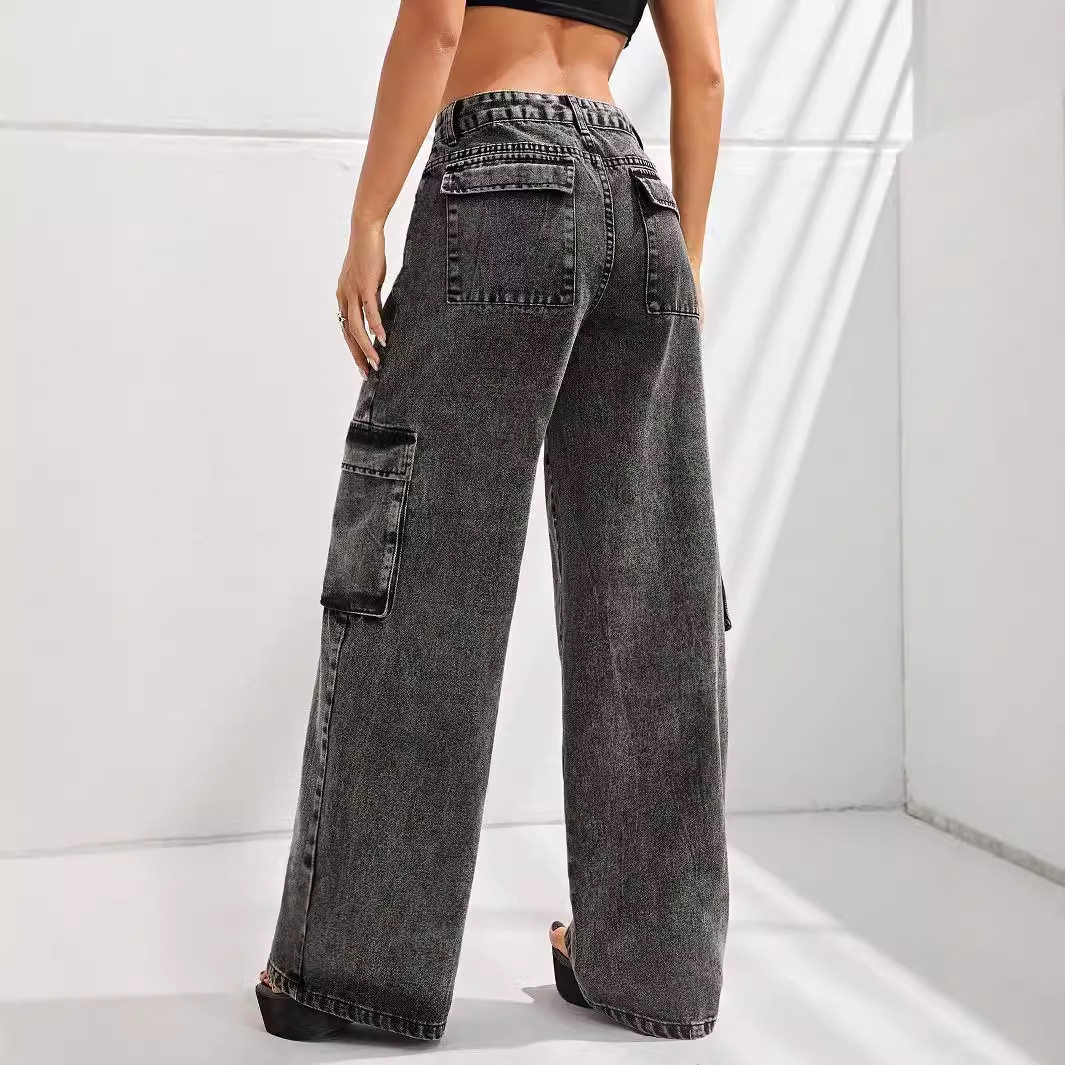 High Waisted Loose Fit Denim Cargo Pants Plus Size Big Pockets Comfortable Fabric Casual Wear for Women Wholesale