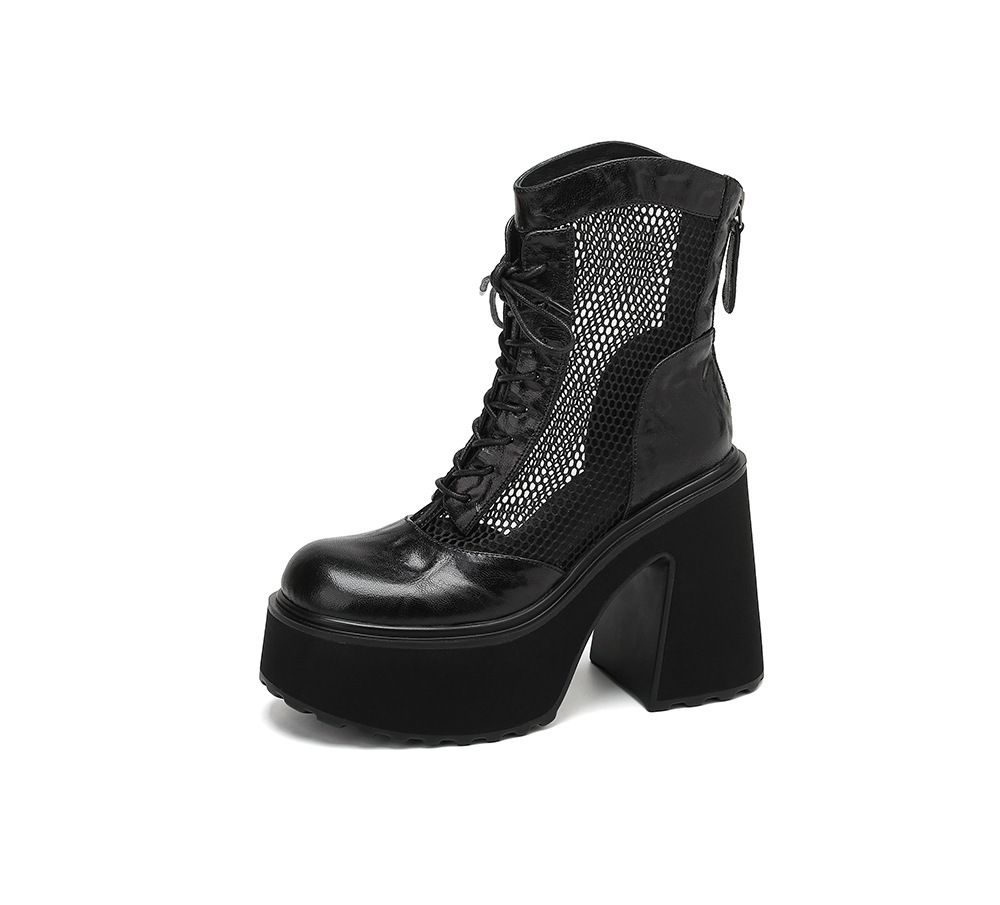 Boot nữ cao gót siêu cao đế platform khoét lỗ phối lưới thoáng khí — màu đen