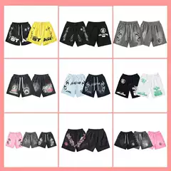 2024 Summer New Style Washed and Distressed Casual Shorts with Flame Print Trendy Brand Hell Star Men's Five-Point Shorts