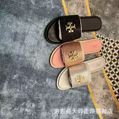 Tb Summer New Style Rhinestone Large Size Flats Bottom Women's Slippers Beach Slippers Women's One-Line Women's Slippers