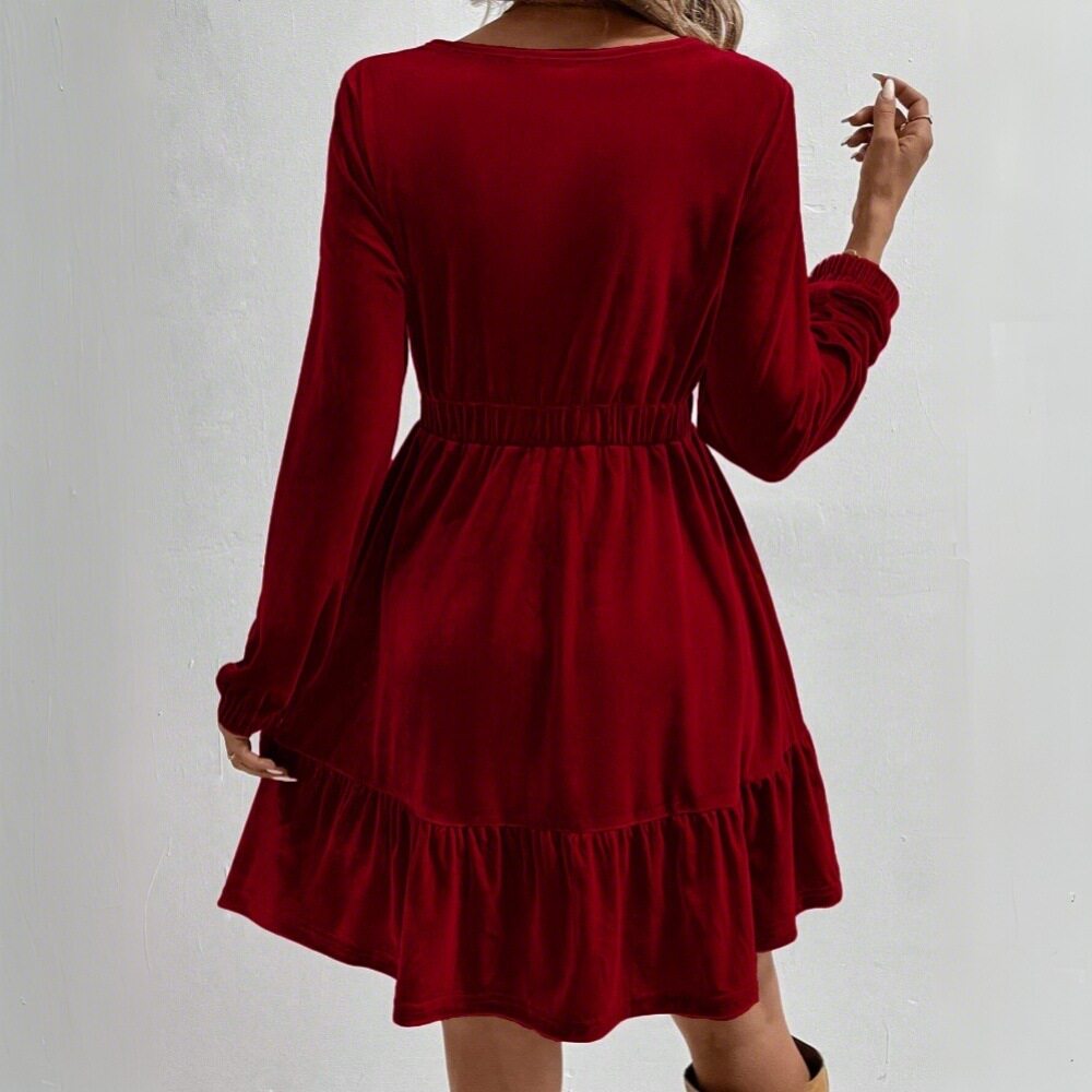 Velvet Long Sleeve Mini Dress Elastic Waist Mid Length Elegant Design Spring Summer Fashion Wholesale Available