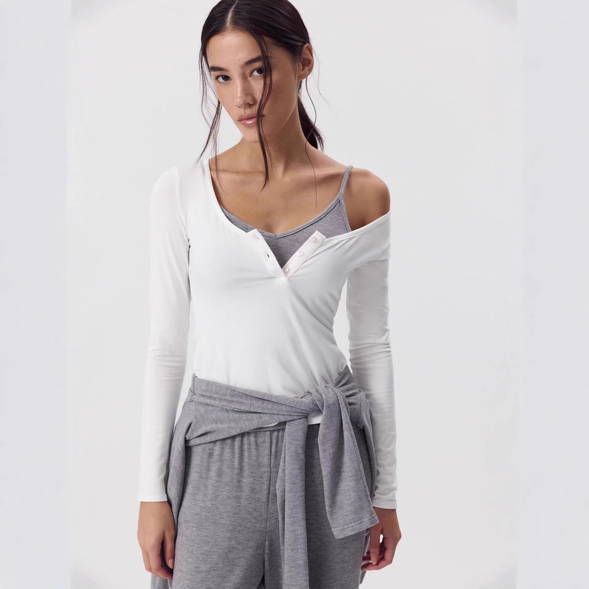 Modal Knit Long Sleeve Womens T Shirt Slim Fit U Neck Button Detail Casual Wear Spring Fall Wholesale Available