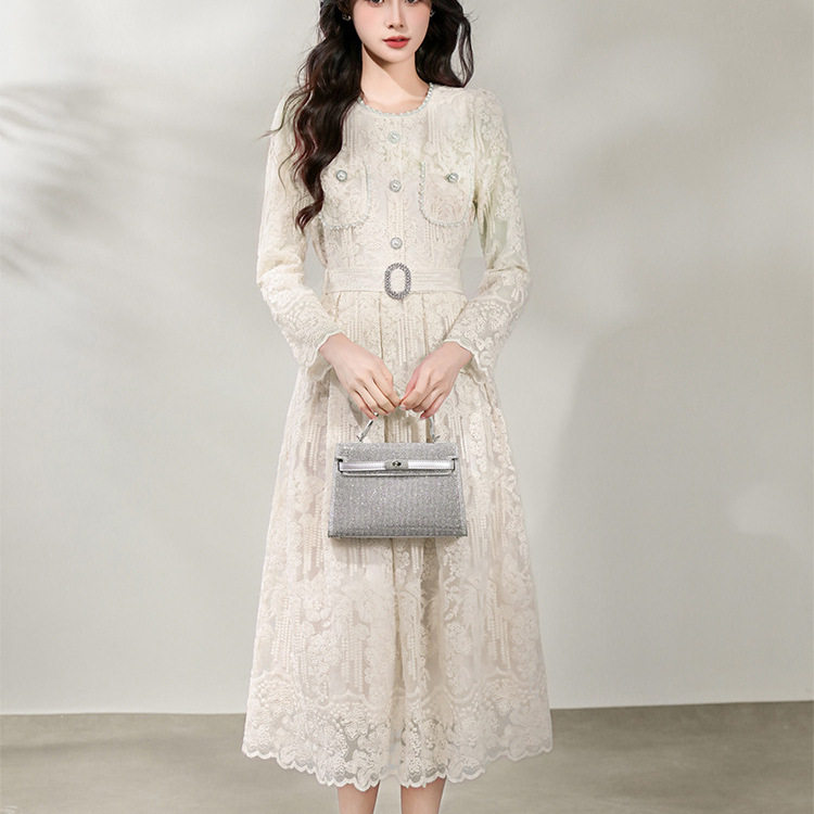 Lace Long Sleeve Dress Pearl Embellished French Chic Elegant Style Perfect for Parties and Special Occasions
