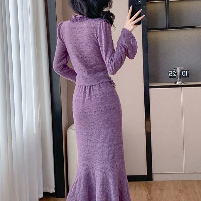 French Style Womens Purple Set Elegant Ruffled Lace Top with Long Sleeves Flared Midi Skirt for Autumn Wholesale